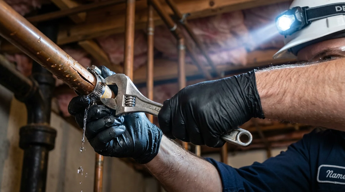 Emergency pipe clamp repair being performed by a Johns Plumbing LLC plumber in Willmar