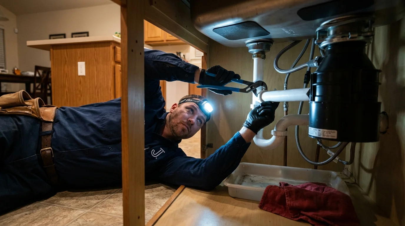P-trap and supply line connections under a kitchen sink showing a common leak point in Willmar, MN